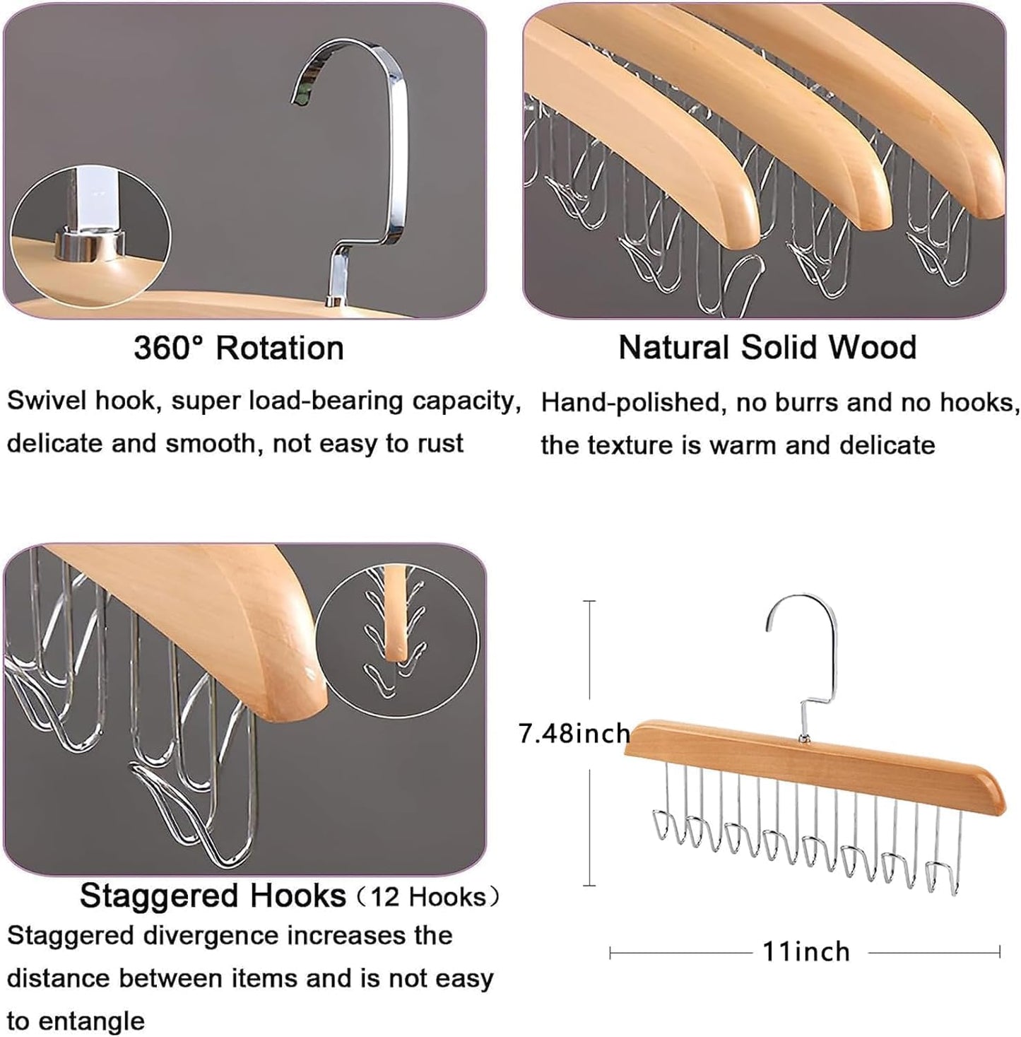 20877 Multi Purpose 8 Hook Wooden Hangers,Wooden Belt Hanger, Tie 8 Hook Hanger,Closet Hangers, Foldable Hooks Wood Hanger