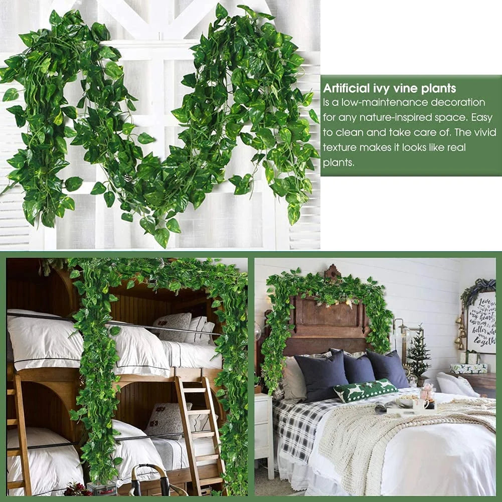 6093 (12 pcs) Artificial Money Plant Ivy Garland, Fake Vine Uv Resistant Leaves Hanging 7 ft.each