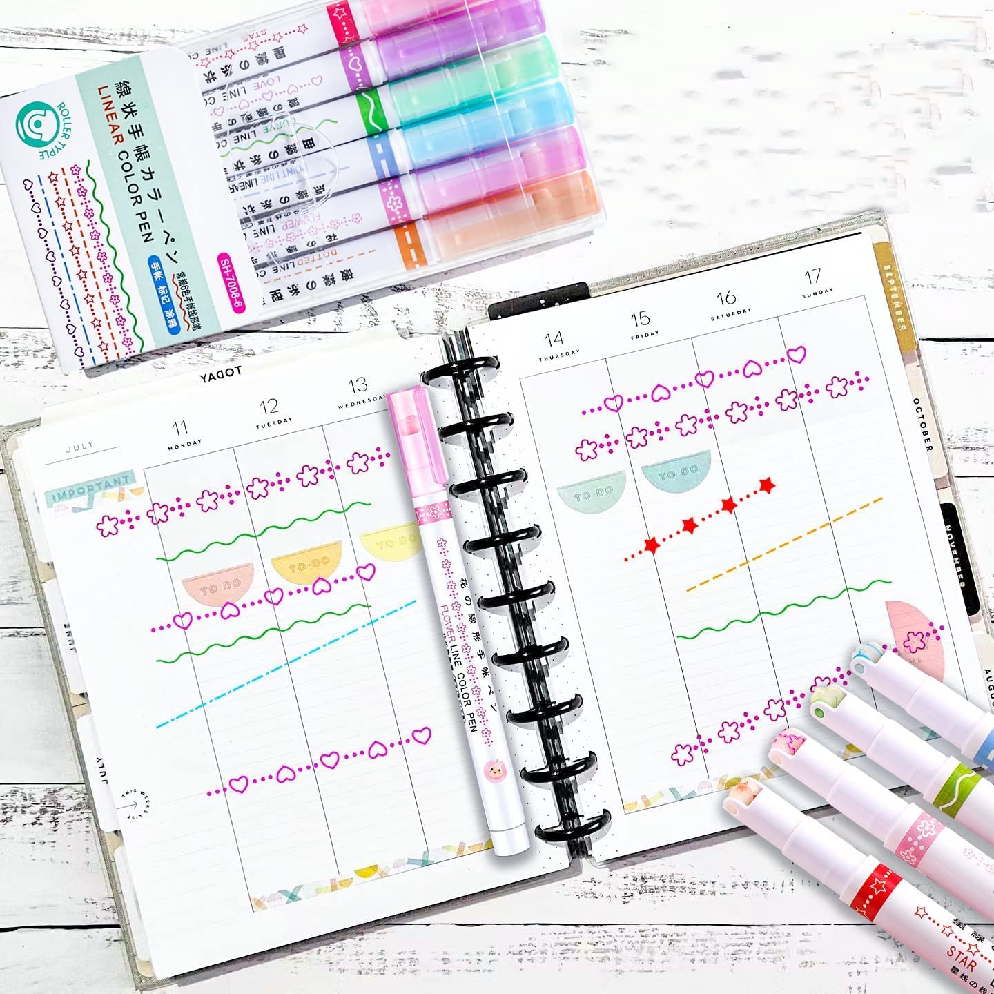 DM-7008-6  Curve Highlighter Pen Set-Dual Tip Pens with 6 Different Curve Shapes Fine Tips,Colorful Curve Highlighters Six Cute Pattern-Heart/flower/curve/dotted Line/Slash/Dot, for Writing, Drawing(6)