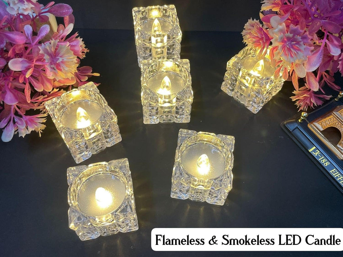 10836 Creative Square Block Shape Warm White Lighting LED Candle Flameless & Smokeless Battery-Operated Fancy Crystal Tealights Diya for Home Decor