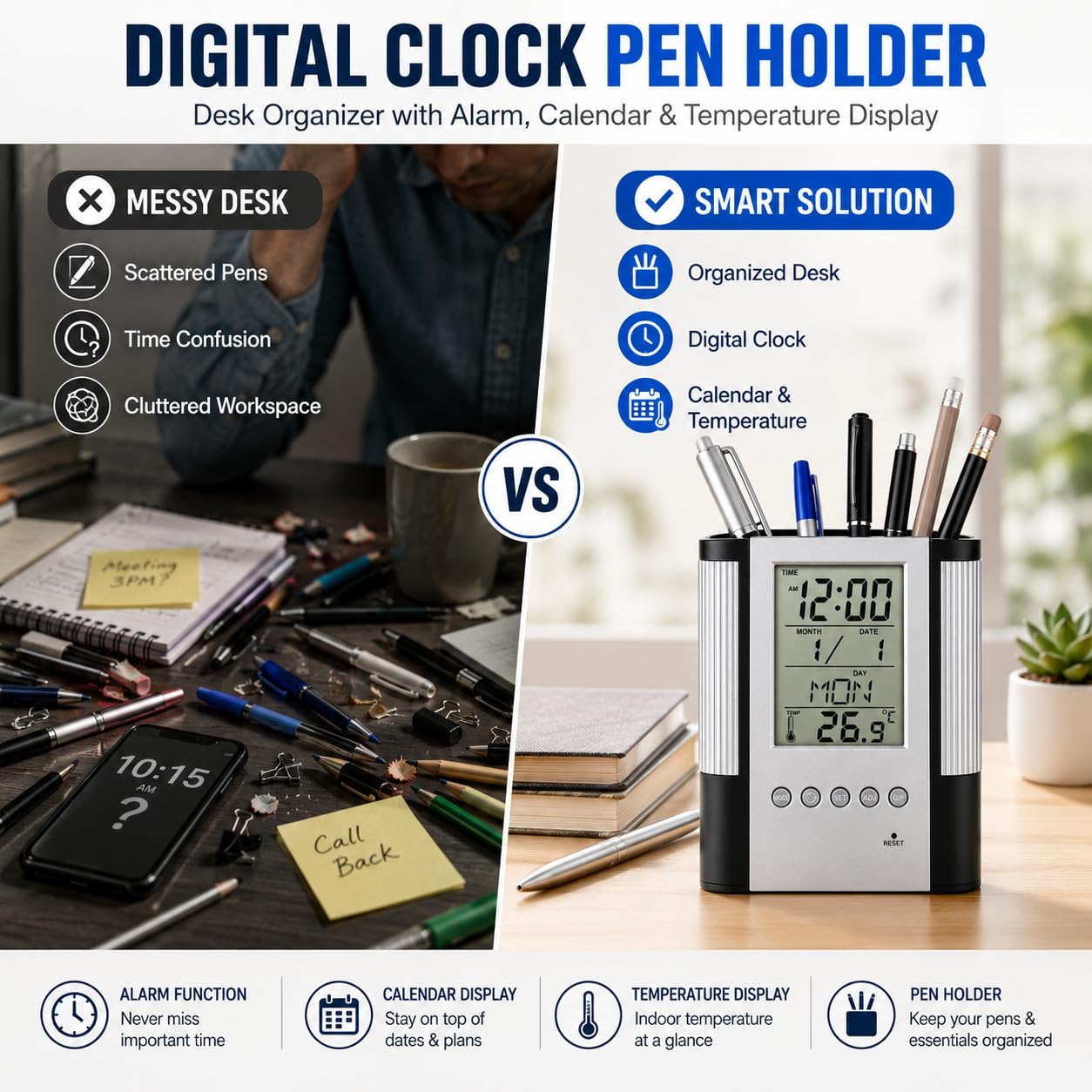 21105 Digital Clock Pen Holder for Smart Desk Setup, LCD Time Calendar Temperature Display & Alarm