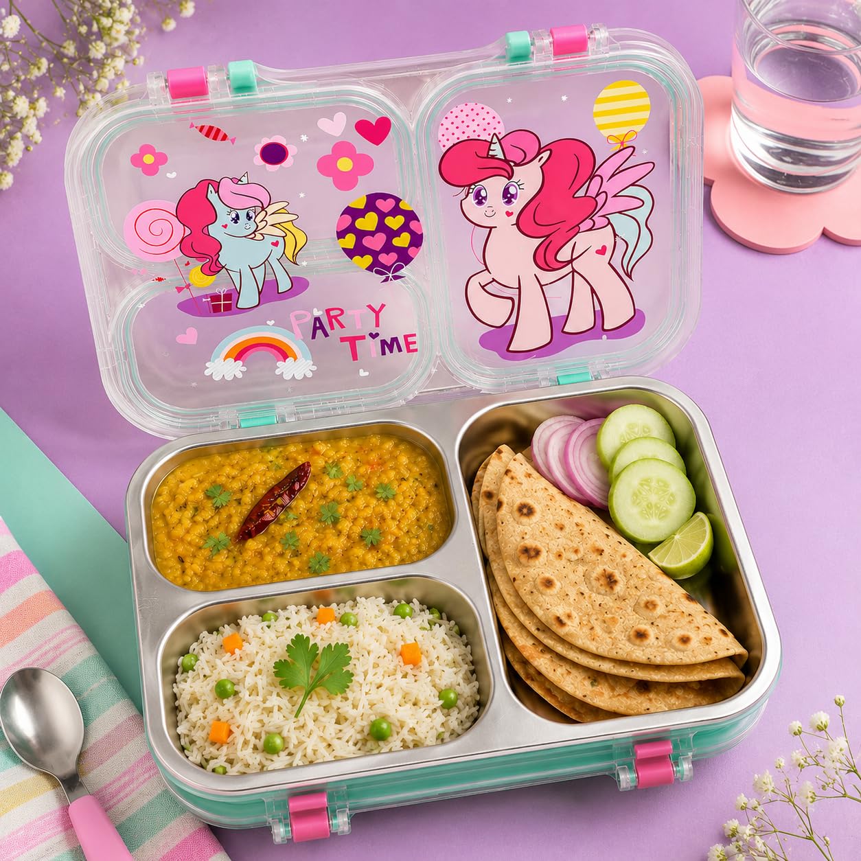 2679 {750 ML} Stainless Steel Lunch Box for School, 3 Compartment Leak Proof Bento Tiffin Box with Handle {Random Design}