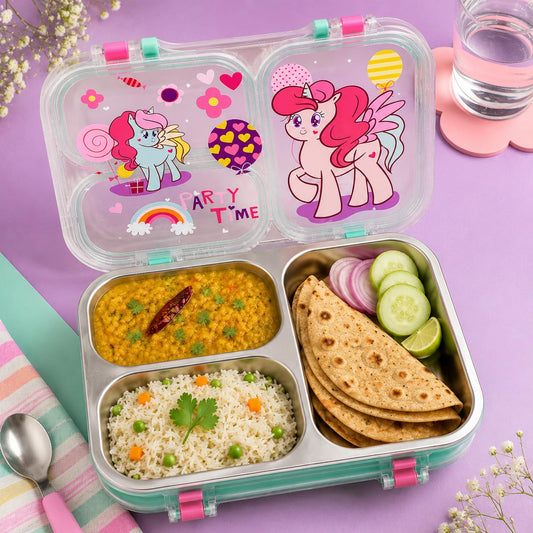 2679 {750 ML} Stainless Steel Lunch Box for School, 3 Compartment Leak Proof Bento Tiffin Box with Handle {Random Design}