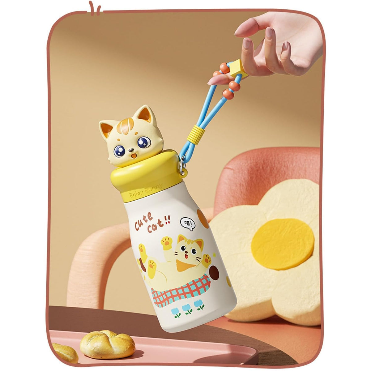 21338 Stainless Steel Kids Water Bottle 500ml| Leakproof Cute Animal Bottle |Carry Strap Included for School, Travel, Sports & Everyday Use Pack of 1