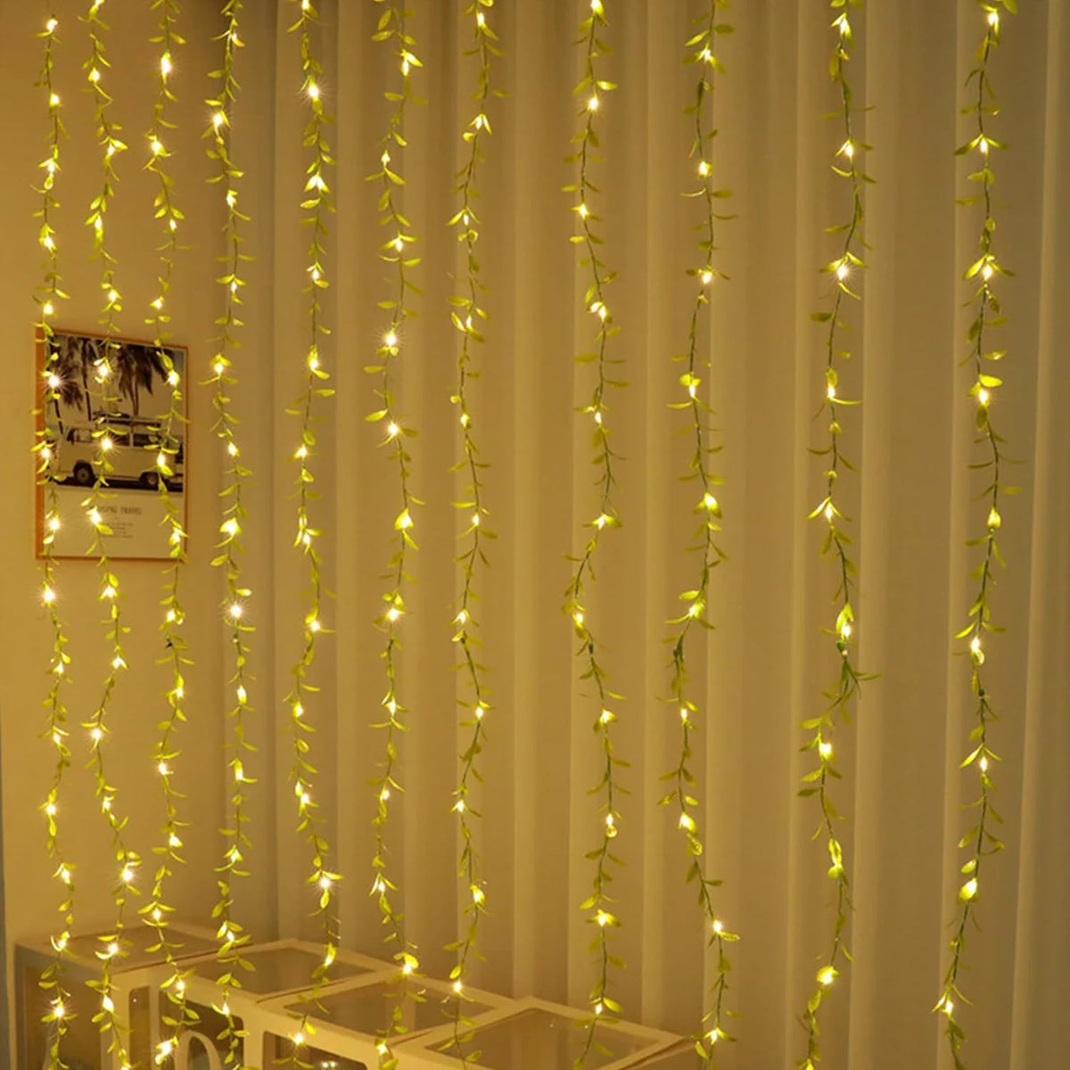NC-A006 Artificial Vine Leaf Curtain Light  LED String Fake Greenery Garland Willow Leaves for Backdrop Bedroom Garden Home Birthday & Festive Decor  {Green leaf} size-13*7*8cm