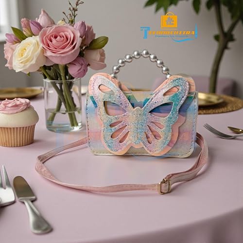 50342 Fashion Sparkle Butterfly Sling Bag for Kids Girls | Glitter Purse with Pearl Handle and Adjustable Belt| Cute & Handy