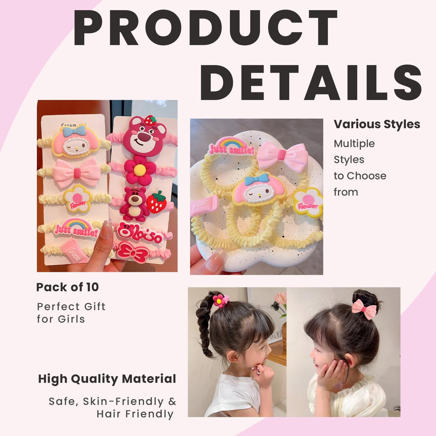 20164 Pack of 5 Hair Tie Rope Set for Girls, Cute Strawberry Bear and Star Dai Bowel Rubber Band Style Hair Accessories (Multicolor)