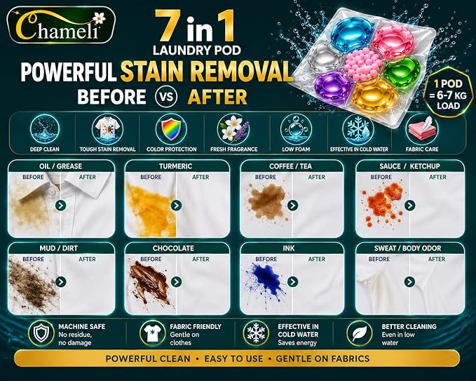 21070 30 PODS  Dissolvable Magic Laundry Pods | Tough Stain Fighter for Top & Front Load Machines | Floral Aroma | Eco-Friendly | 1 Pod = 1 Wash for 5–7 kg Loads (30)