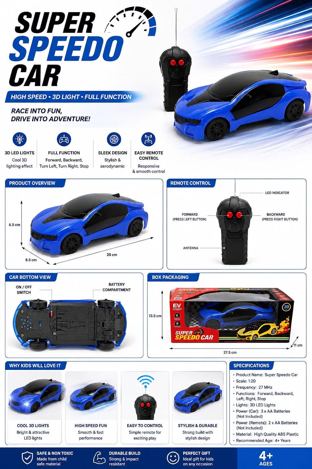 21220 Remote Control Fast Modern Car with 3D Lights | 2-Way RC Toy Car (Forward & Backward) | Stylish Racing Car Toy for Kids Boys & Girls.