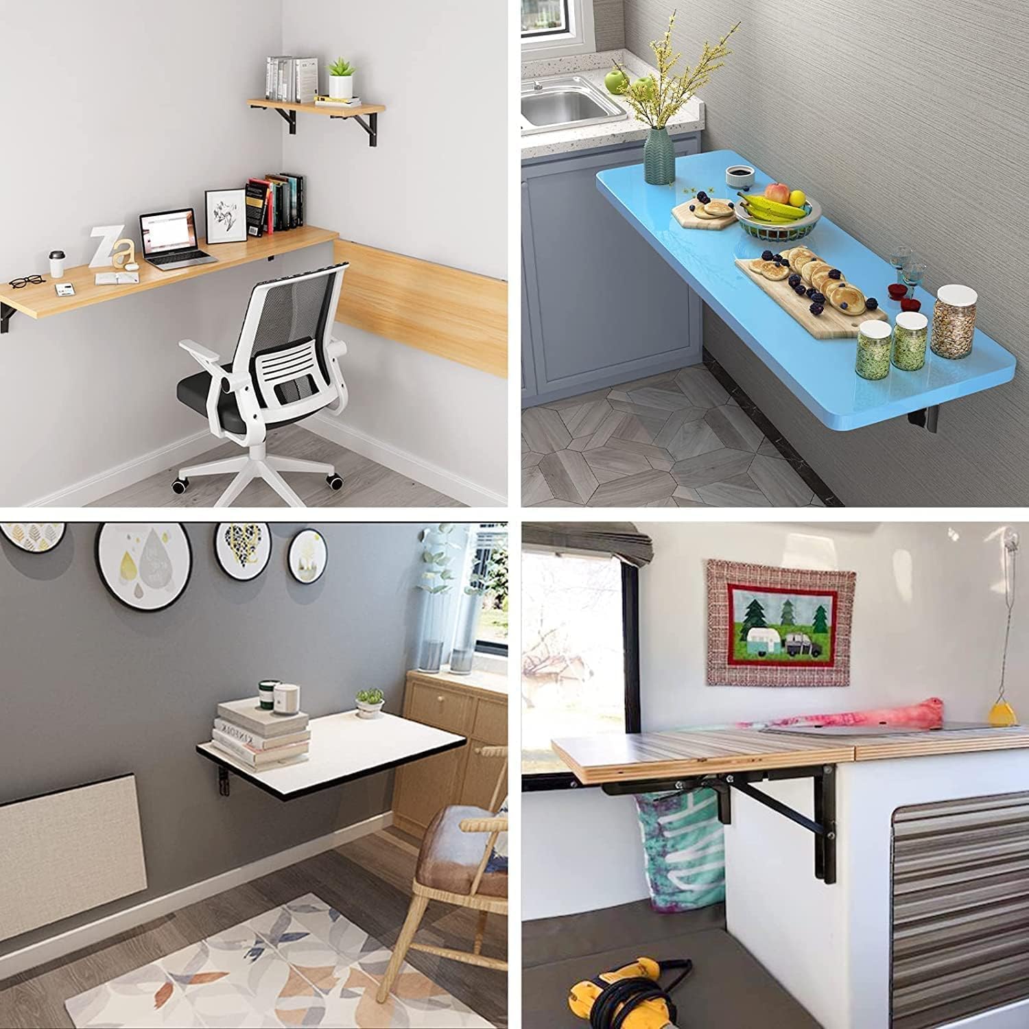 20444 Sturdy Folding Shelf Brackets - Heavy Duty Black Metal Triangle Table Bench Folding Shelf Bracket 20 CM, 2 Pcs Folding Shelf Hinge Wall Mounted