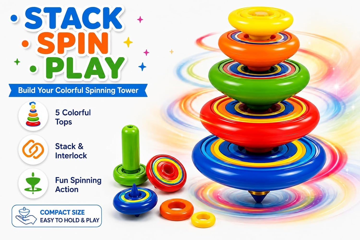 10516 Super Stacking Spinning Tops – 5 Gyro Tops with Transmitter, Ages 3+(1) Colourful & Vibrant, Stackable & Interlocking Design, Long-Lasting Spin, Lattoo Spinning Top Toy Set for Kids