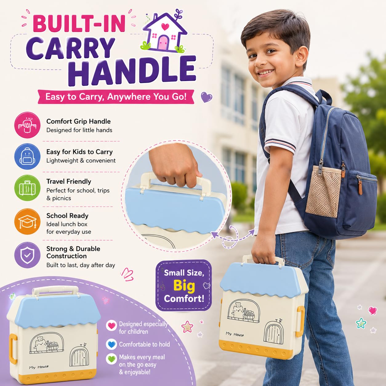 20934 House Shape Kids Lunch Box with 4 Compartments and Carry Handle| Lunch Box for School |Bento Lunch Box with Spoon & Fork