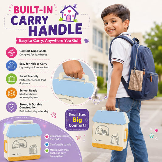20934 House Shape Kids Lunch Box with 4 Compartments and Carry Handle| Lunch Box for School |Bento Lunch Box with Spoon & Fork