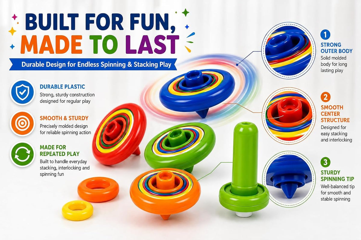 10516 Super Stacking Spinning Tops – 5 Gyro Tops with Transmitter, Ages 3+(1) Colourful & Vibrant, Stackable & Interlocking Design, Long-Lasting Spin, Lattoo Spinning Top Toy Set for Kids