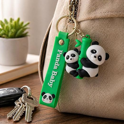 21330 Soft PVC Panda Baby Keychain with Silicone Strap | Cute Panda & Bamboo Key Ring for Men, Women, Boys & Girls | Cartoon Bag Charm for Car Keys, Backpack & Gifts