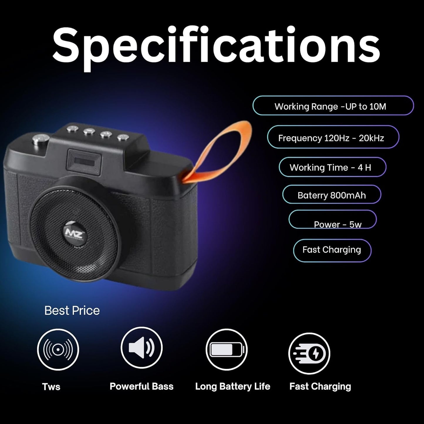 S675 Camera Bluetooth Speaker – Wireless Portable 10W Camera-Style Speaker with TWS, USB, TF/SD, FM Radio, Perfect for Travel, Home & Outdoor{Multicolor}