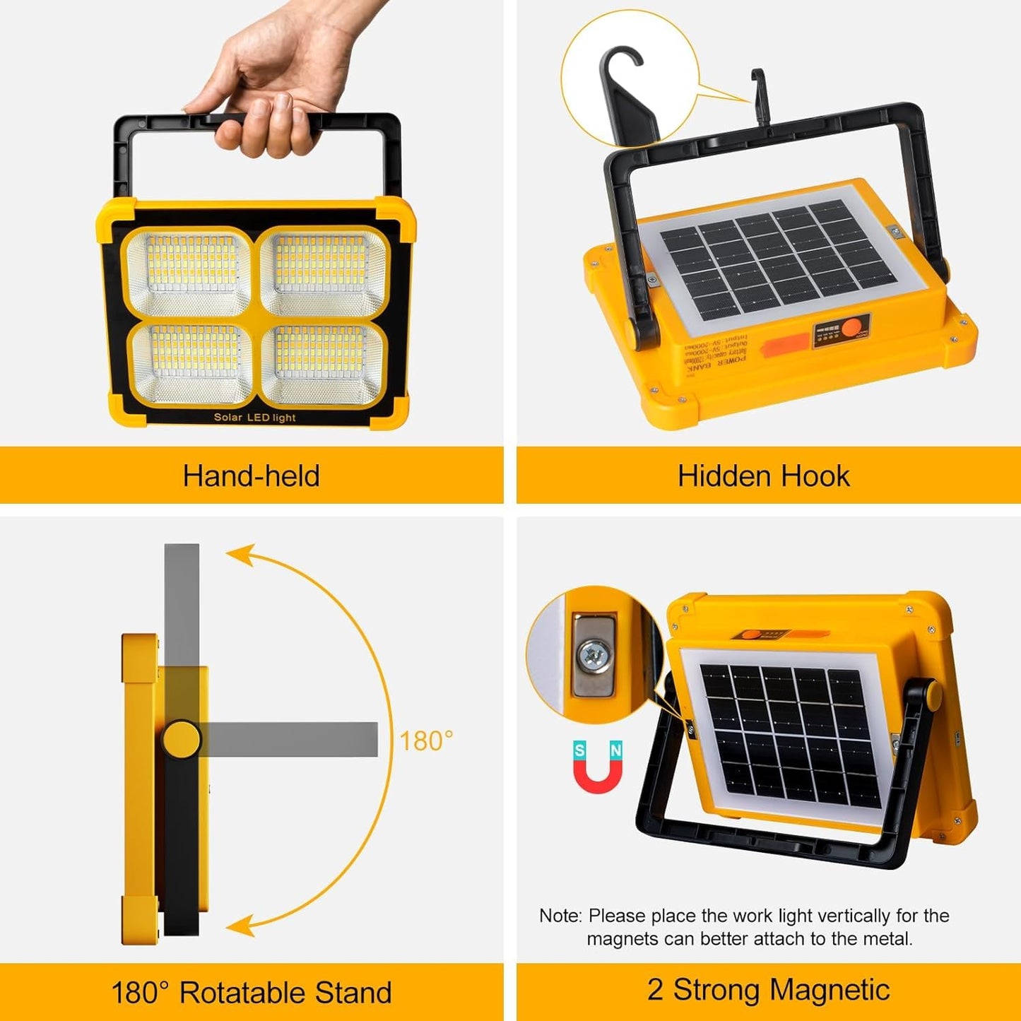 20027 Construction Spotlight Battery Solar Light Portable, 10000LM 12000mAh Battery Work Light USB Rechargeable, 4 Light Modes