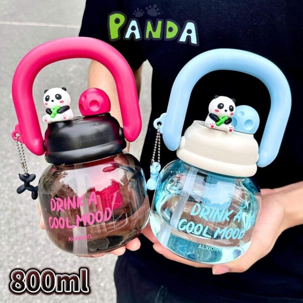 CK-3353 Cute Big Kettle Design 800ML Plastic Water Bottle with Panda & Heart-Shaped Cap ,Direct Sip & Straw Lid