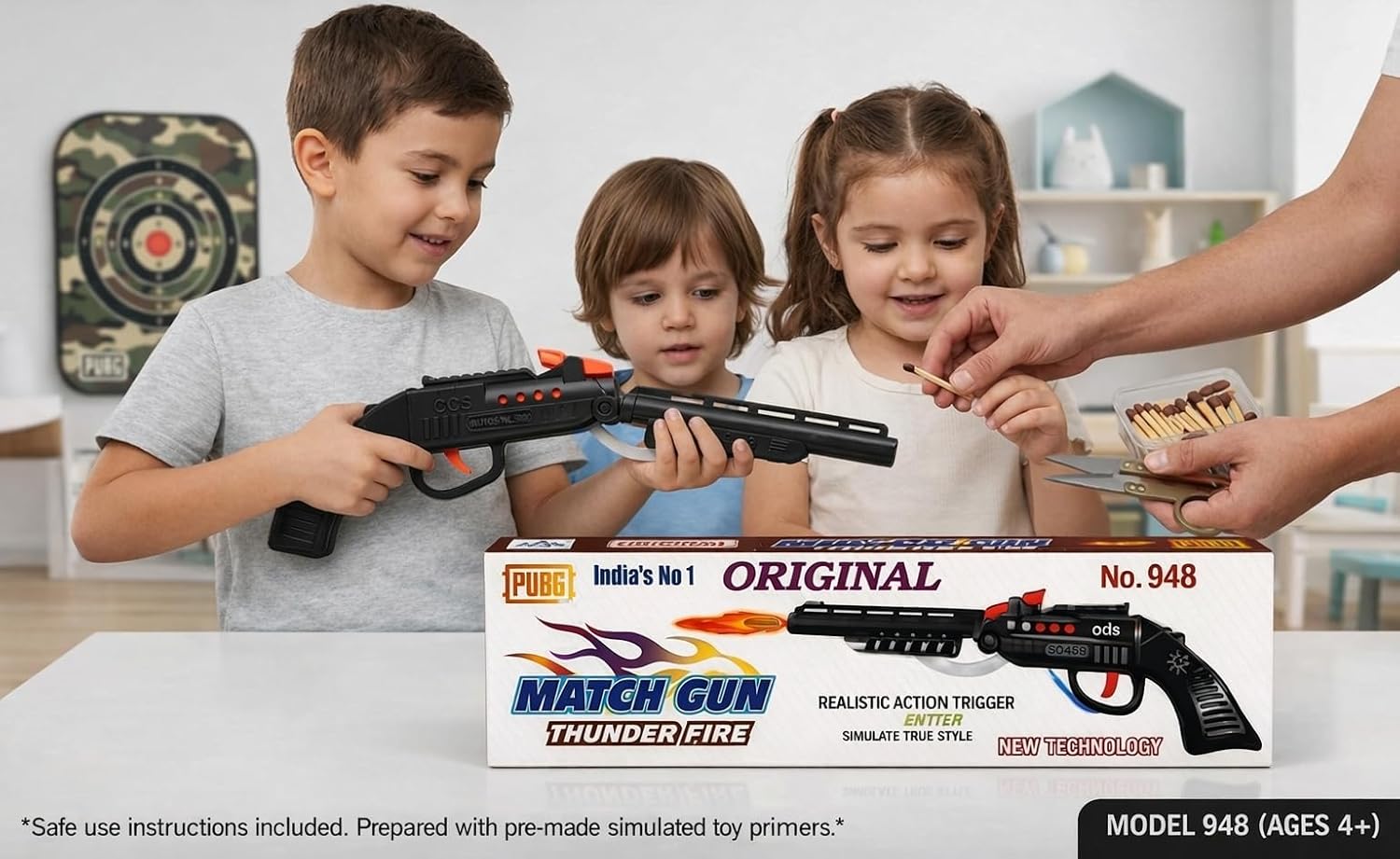 948 Matchstick Toy Gun for Kids – No Bullets Required | Safe Plastic Diwali Crack Sound Gun | Lightweight Action Shooting Toy for Boys & Girls