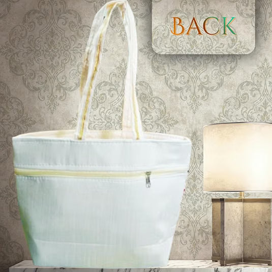 21254 Embroidered Floral Tote Bag for Women, Ethnic Designer Handbag with Vintage Motifs, Light-Colored Woven Fabric, Luxury Festive Occasion Wedding Gift Bag