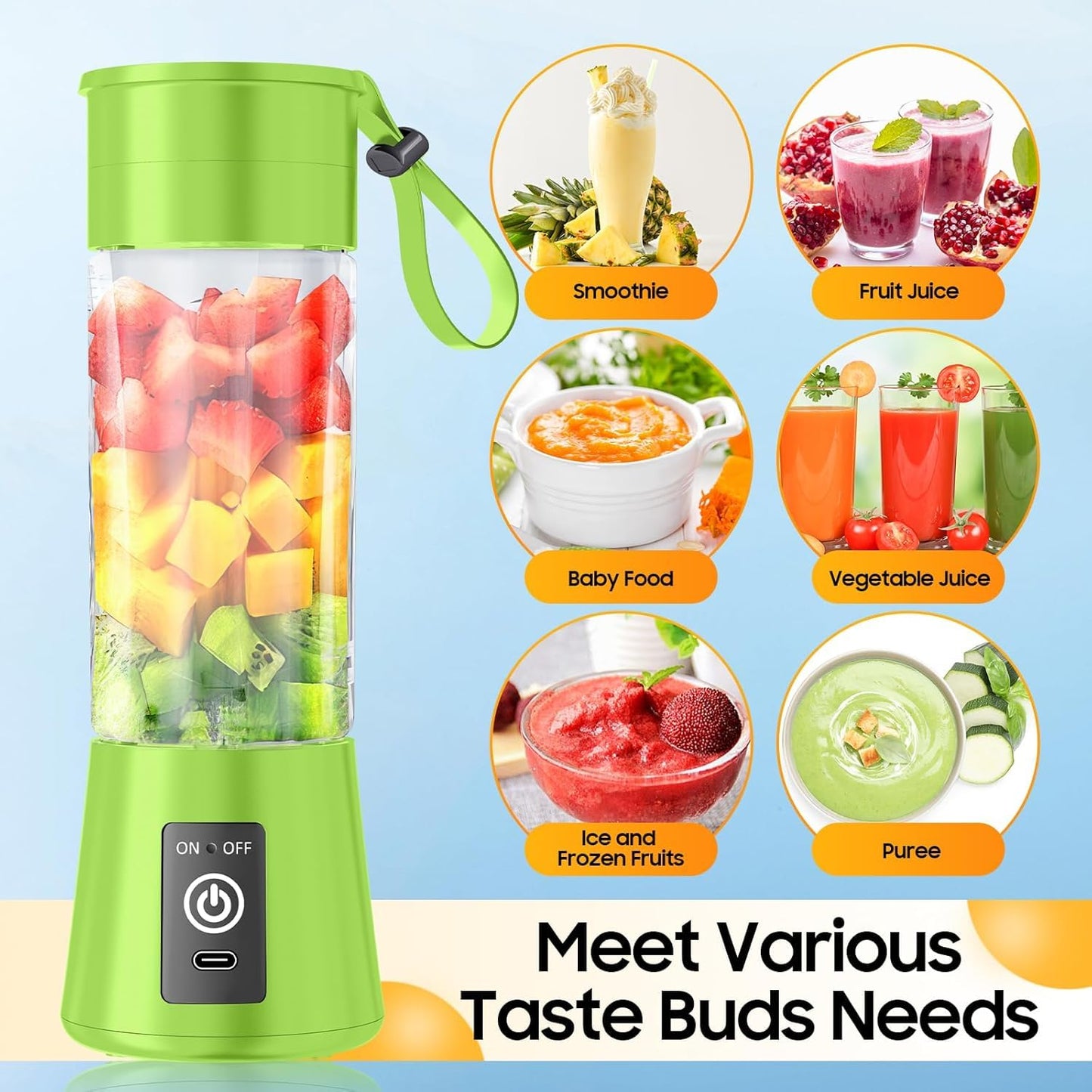 YE-01 Portable Juicer Blender 6-Blade, USB Rechargeable Smoothie Maker with Built-In Bottle, Personal Fruit Juice Machine & Protein Shake Mixer for Home, Travel & Gym (Multicolor