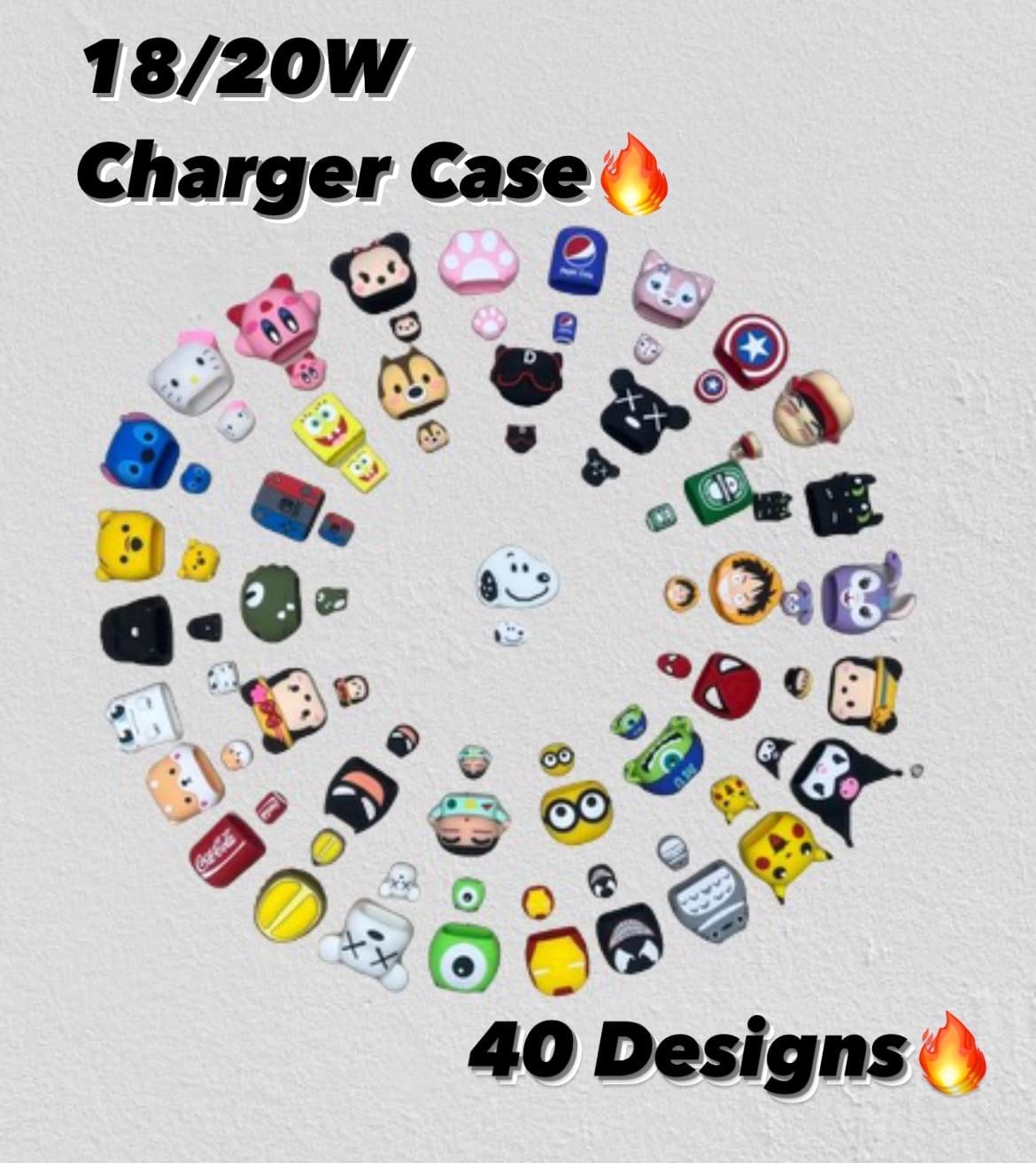 20678 Cute Cartoon  Data Cable Case for 18-20W iPhone USB-C Power Adapter Charger, Cartoon 3D Design Protective Case {Random Design}
