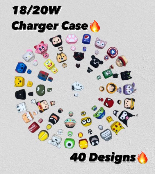 20678 Cute Cartoon  Data Cable Case for 18-20W iPhone USB-C Power Adapter Charger, Cartoon 3D Design Protective Case {Random Design}