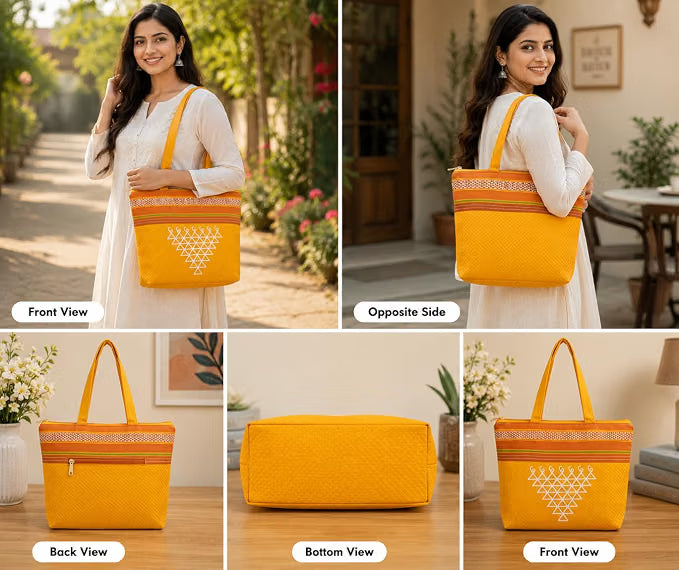 21253 Yellow Jute Tote Bag with Geometric Embroidery and Zip