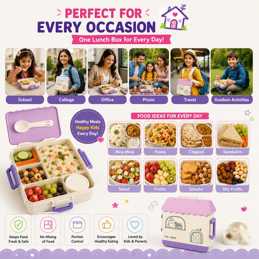20934 House Shape Kids Lunch Box with 4 Compartments and Carry Handle| Lunch Box for School |Bento Lunch Box with Spoon & Fork