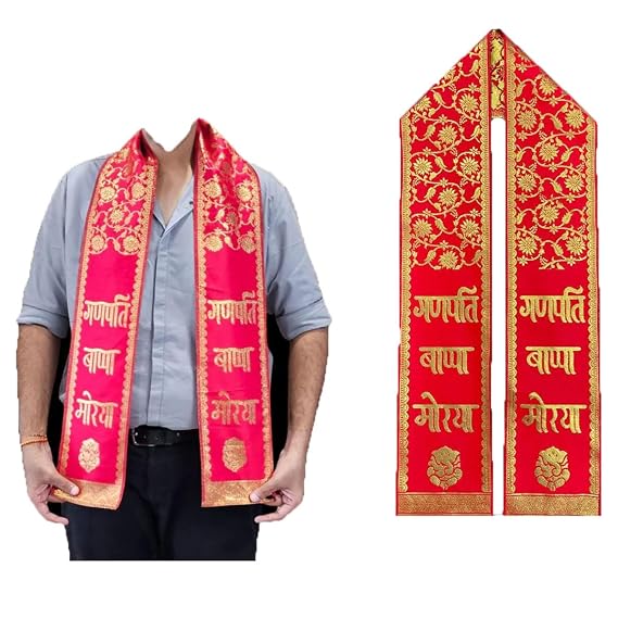 21123 {Pack of 12} Ganpati Bappa Maurya Velvet Stole/Patka/Duppata/Phatka/Scarf/Chunni/Khesh Golden Floral Printed Red Stole