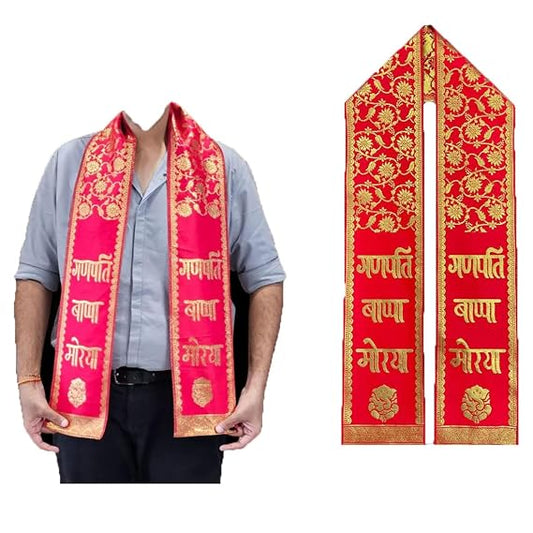 21123 {Pack of 12} Ganpati Bappa Maurya Velvet Stole/Patka/Duppata/Phatka/Scarf/Chunni/Khesh Golden Floral Printed Red Stole