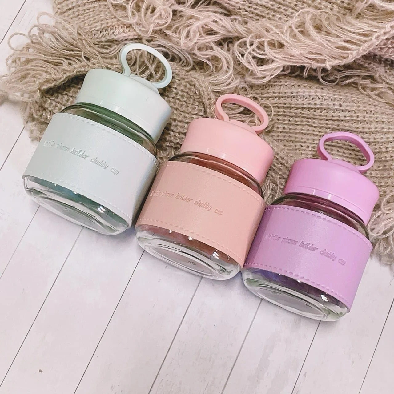 20161 Glass Water Bottle 300ml – Pangpang Chubby Cup Design with Mobile Phone Holder {Multicolor}