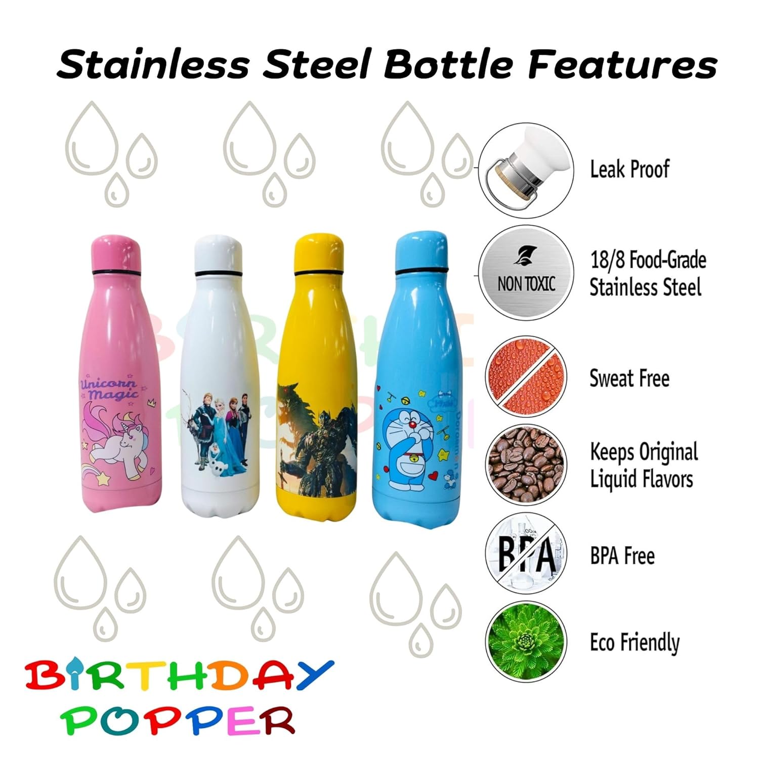 PX-750D Water Bottles 750 ml | Girls and Boys Theme | as Birthday Return Gifts for Kids | Stainless Steel Bottles for School