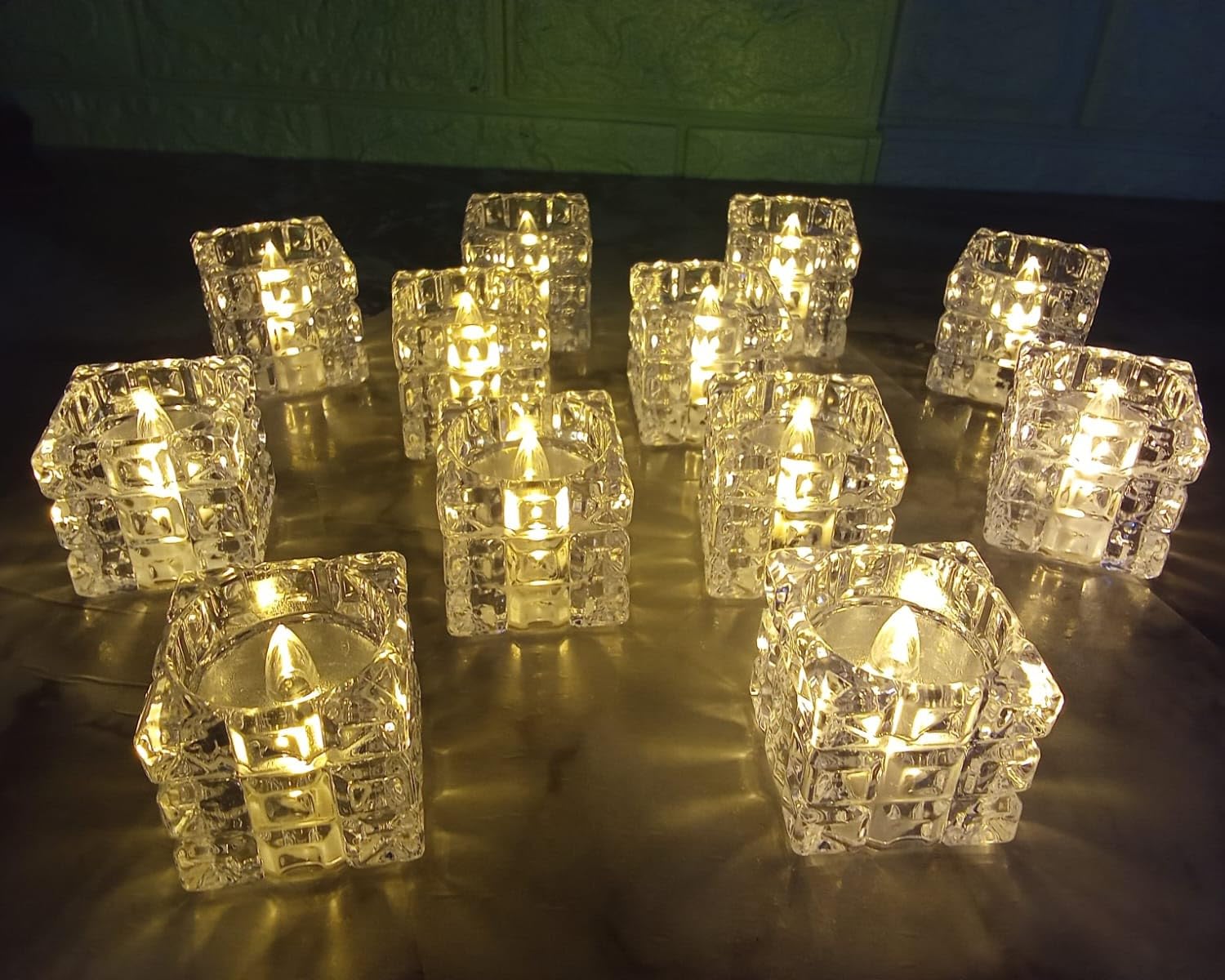 10836 Creative Square Block Shape Warm White Lighting LED Candle Flameless & Smokeless Battery-Operated Fancy Crystal Tealights Diya for Home Decor