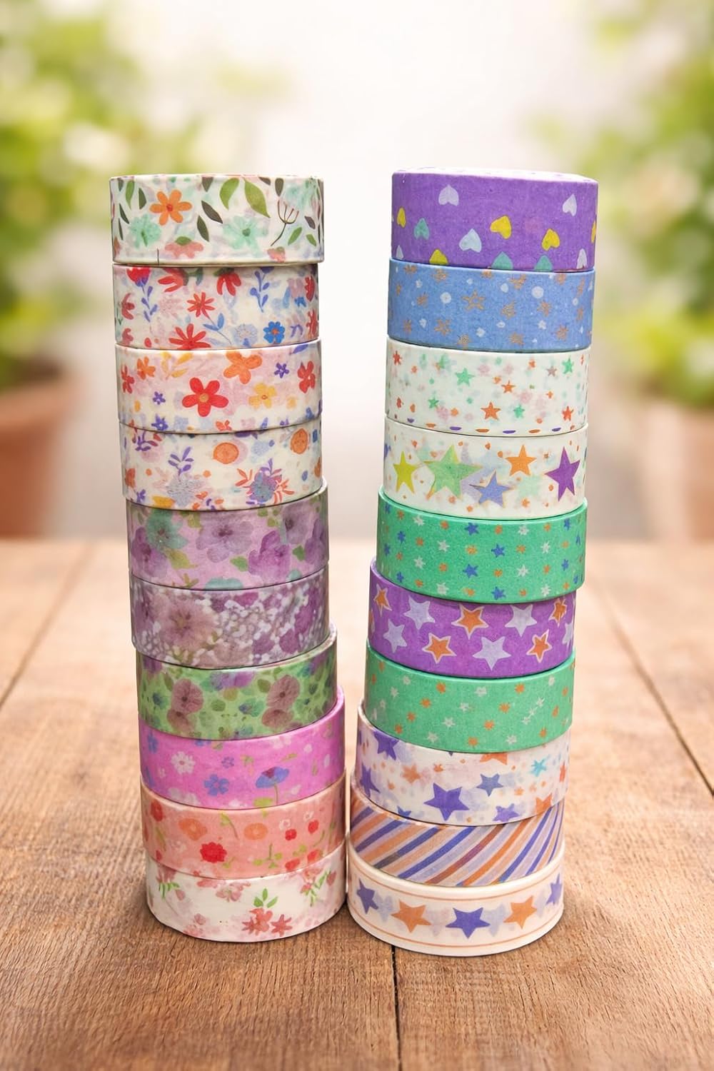 20742 Washi Tape Combo Set (10 Rolls) | Cute Aesthetic Decorative Masking Tape for Journaling, Scrapbooking & DIY Crafts | Floral + Star Designs | 15mm x 2m Each