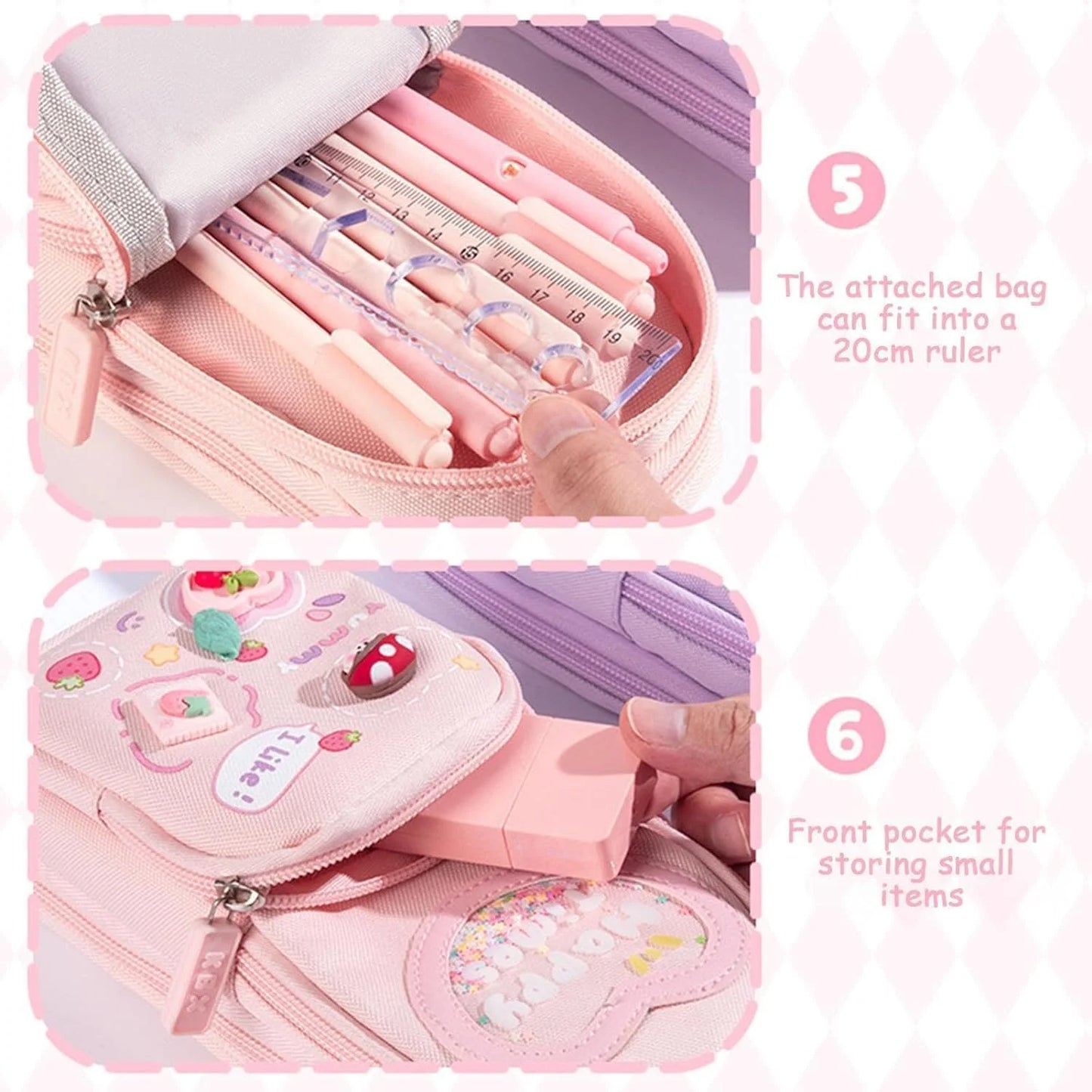 CK-161 Kawaii Pencil Pouch 3 Compartment Cute Pencil Poucha Aesthetic Pencil Box for Girls Large Capacity Pen Pencil Pouch Multifunctional Stationery Organizer for School Office
