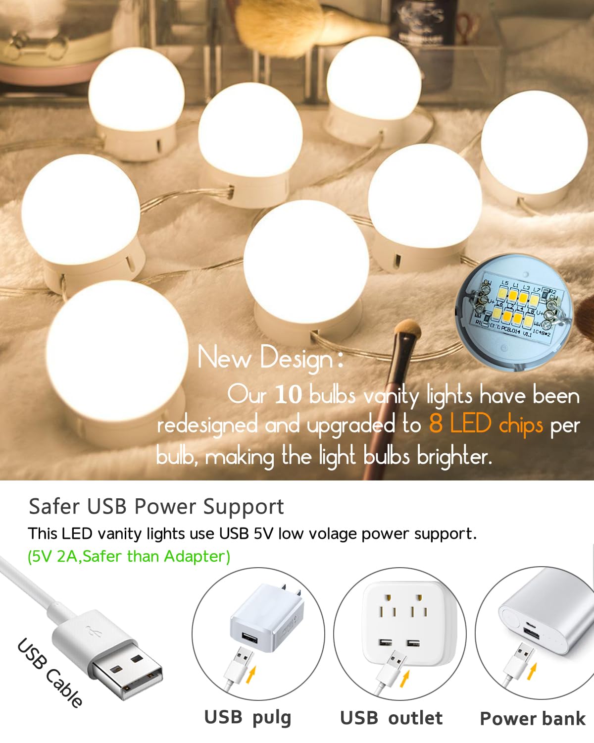 HD-7041 Mirror Lights,HELOIE Led Vanity Mirror Lights Kit with 10 Dimmable Light Bulbs for Makeup Vanity Table Bathroom Dressing Wall Mirror Lighting USB Cable Powered (White)