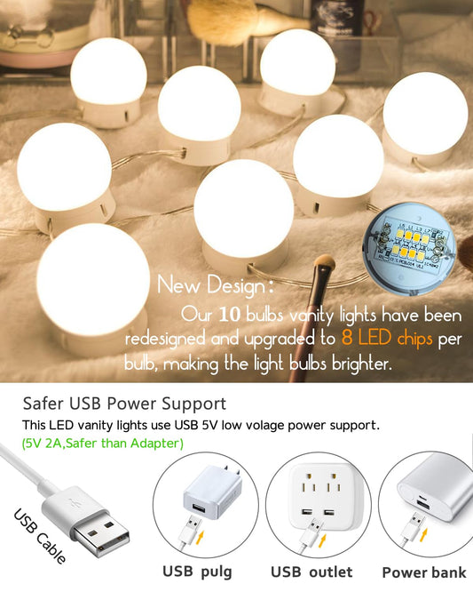 HD-7041 Mirror Lights,HELOIE Led Vanity Mirror Lights Kit with 10 Dimmable Light Bulbs for Makeup Vanity Table Bathroom Dressing Wall Mirror Lighting USB Cable Powered (White)