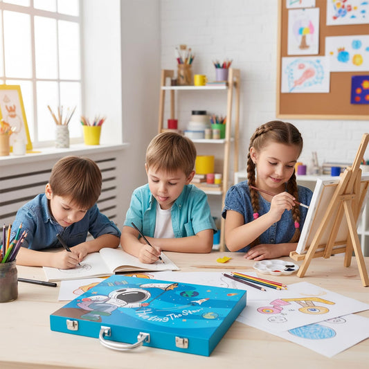 20475   53Pcs Astronaut Print Children Deluxe Art Drawing Set Art and Craftmini Suitcase, Drawing and Painting Set Best for Birthday Gift for Boys Girls Children