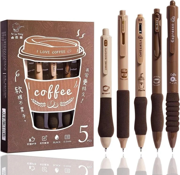CK-PE-13 Coffee Gel Pens for Writing, 5 Pcs, Comfortable Grip, Smooth Writing, Kawaii Pens