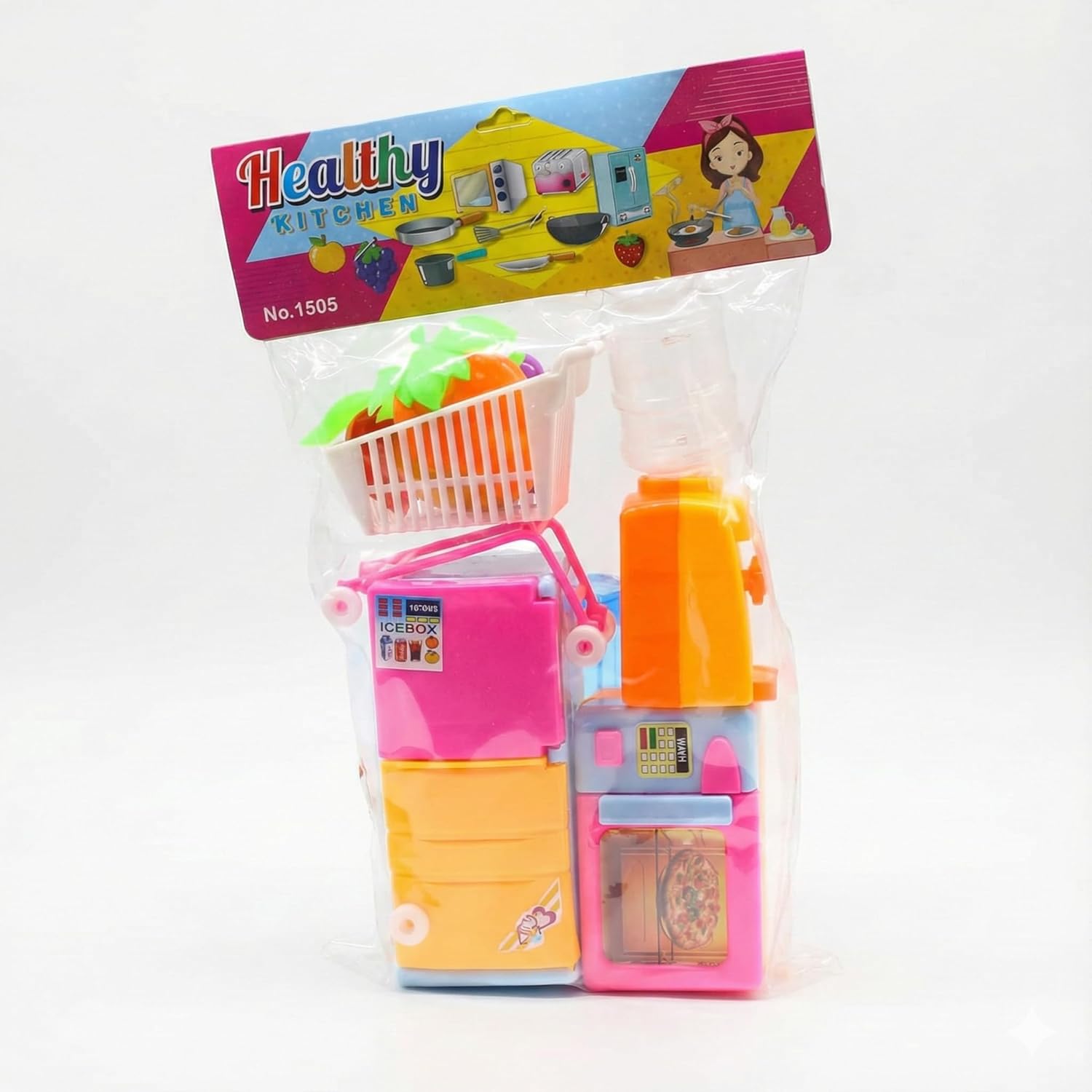 10572 Toy's 4-in-1 Mini Kitchen Appliances Play Set, Includes 15cm Refrigerator, Microwave, Water Dispenser & Shopping Cart with Fruits