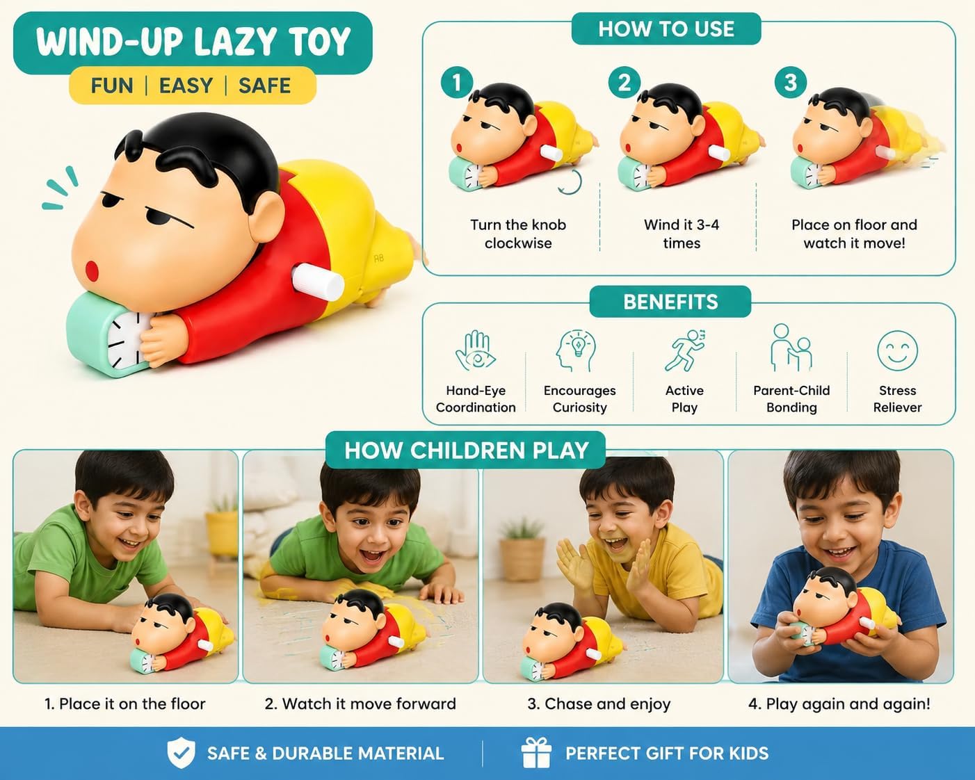 009 Cute Shinchan Crawling Toy for Toddlers | Key Operated Wind-Up Moving Action Figure | Fun Baby Crawling Toy |