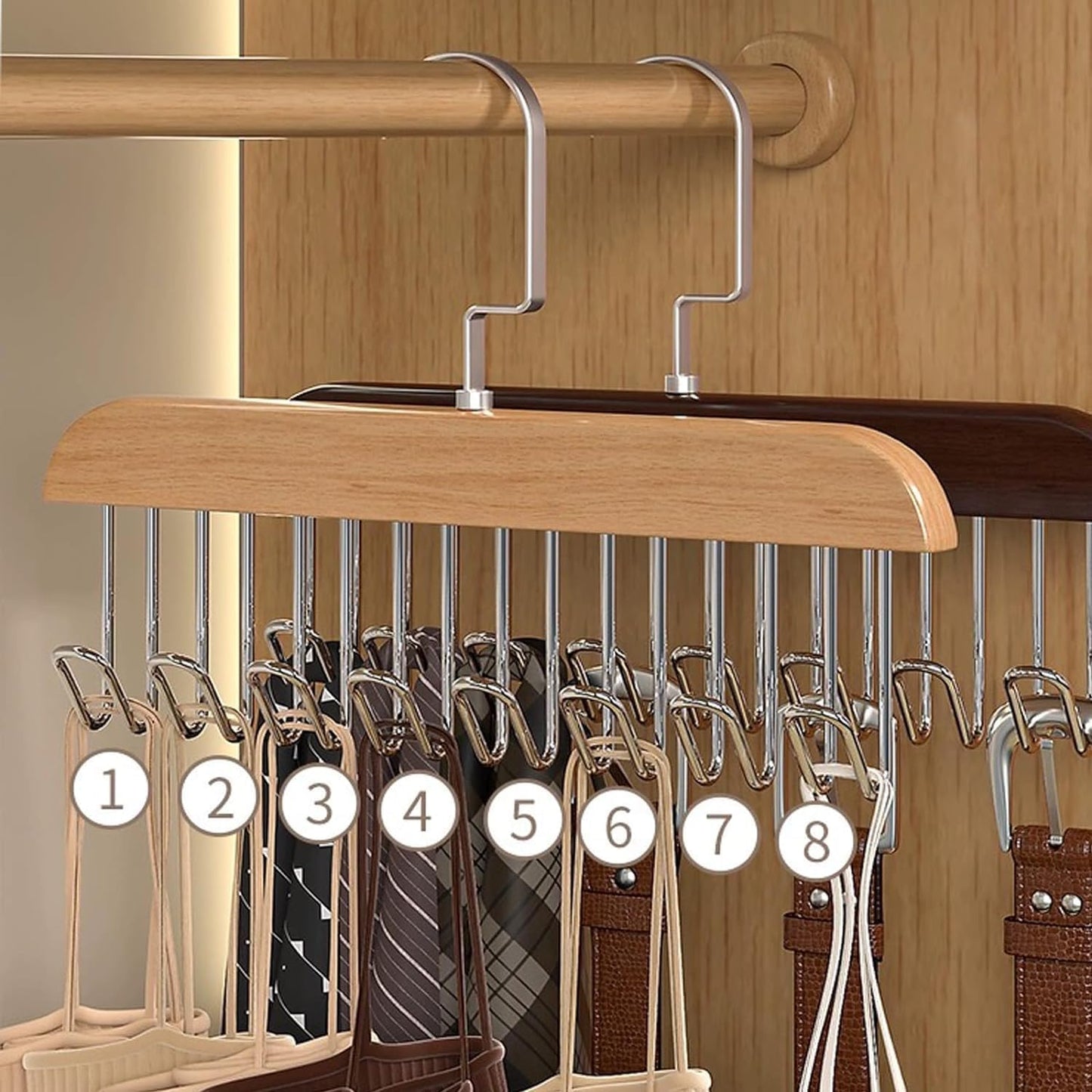 20877 Multi Purpose 8 Hook Wooden Hangers,Wooden Belt Hanger, Tie 8 Hook Hanger,Closet Hangers, Foldable Hooks Wood Hanger