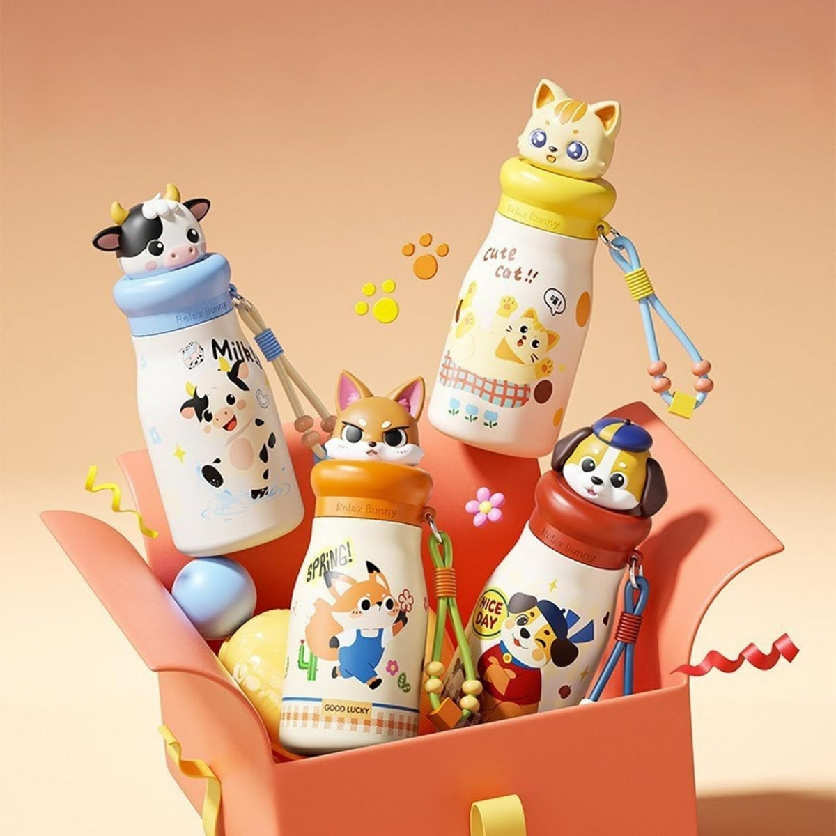 21338 Stainless Steel Kids Water Bottle 500ml| Leakproof Cute Animal Bottle |Carry Strap Included for School, Travel, Sports & Everyday Use Pack of 1