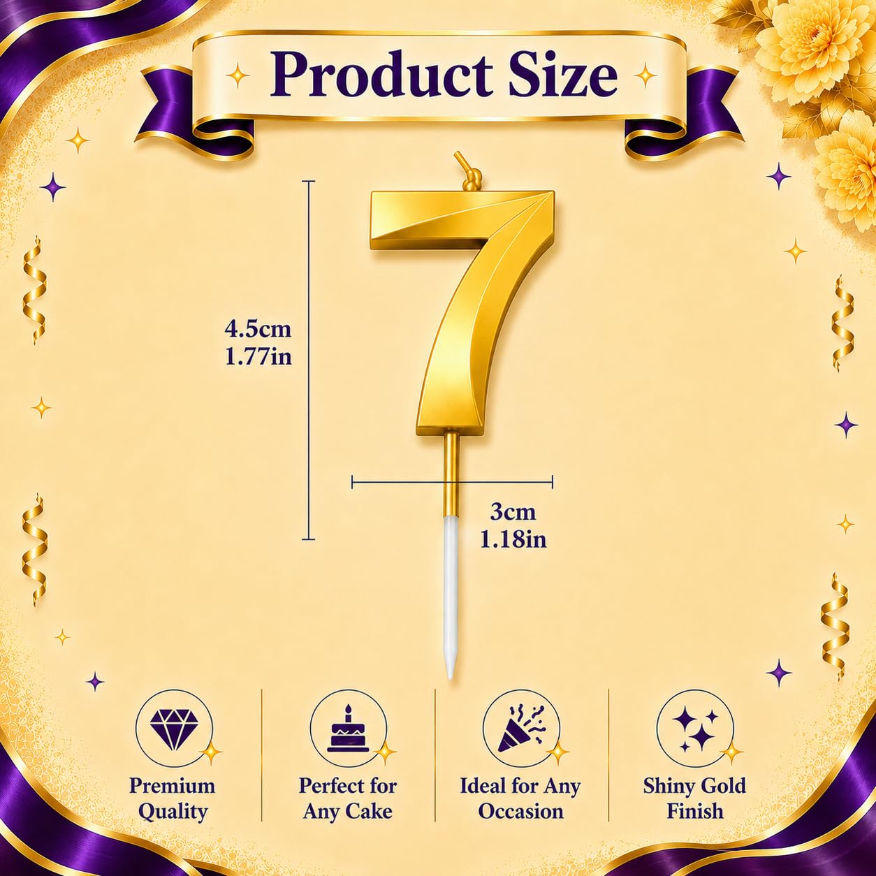 21148 {Pack of12} Number 7 Birthday Cake Candle, Gold, Shiny Metallic Finish, 4.5cm, Ideal for Any Occasion