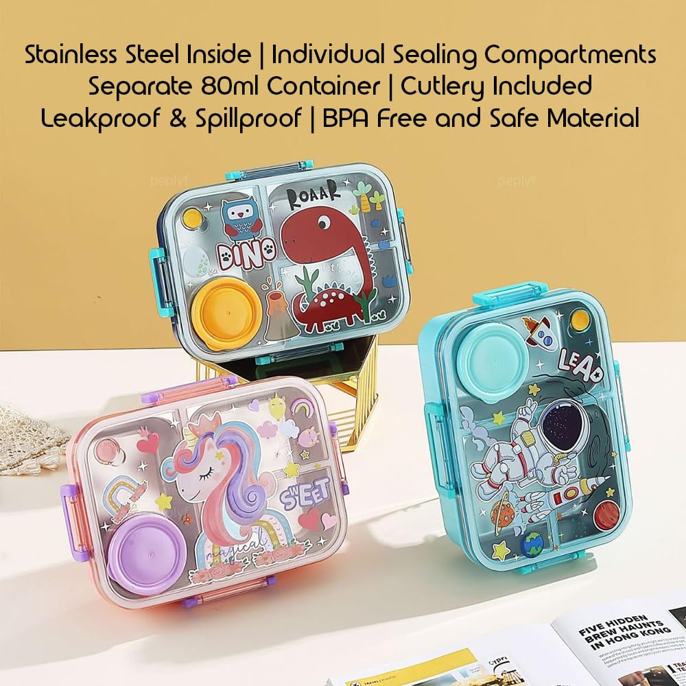 10554  3 Grid Lunch box for Kids | Stainless Steel | Leakproof | 750ml (Random Design)