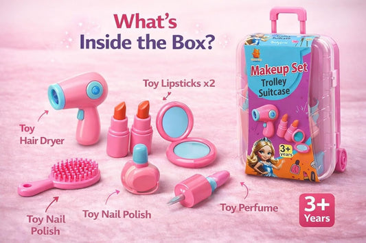 20360 Kids Makeup Set Trolley Suitcase for Girls – 15 Pieces Pretend Play Beauty Kit with Toy Hair Dryer, Lipsticks, Mirror & Accessories, Role Play Makeup Toy, Gift for Girls