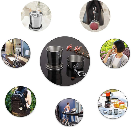 10823 Stainless Steel Telescopic Collapsible Foldable Water Cup, Folding Portable Camping Travel Mug with Lid and Keychain for Outdoor Drinking