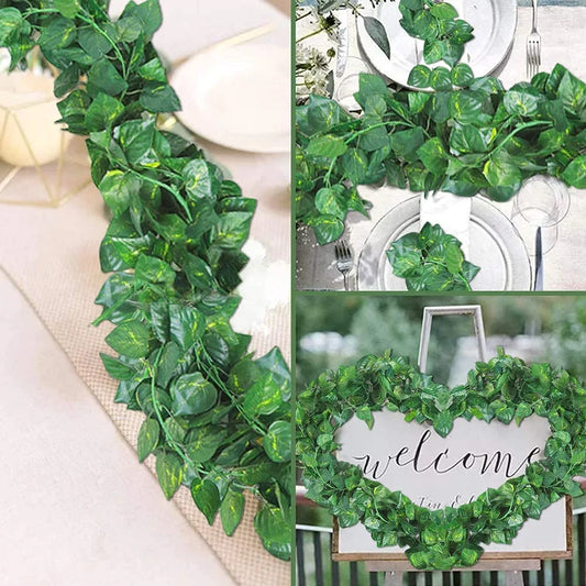 6093 (12 pcs) Artificial Money Plant Ivy Garland, Fake Vine Uv Resistant Leaves Hanging 7 ft.each
