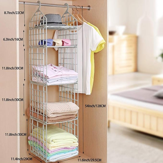 21068 5 Layer Folding Plastic Clothes Storage Rack | Hanging Wardrobe Organizer for Closet | Space Saving Shelves for Clothes, Dormitory & Home Use (White)